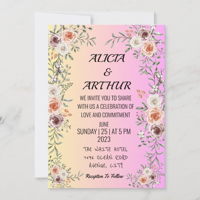 Invitación a una boda floral rosa (Anverso)