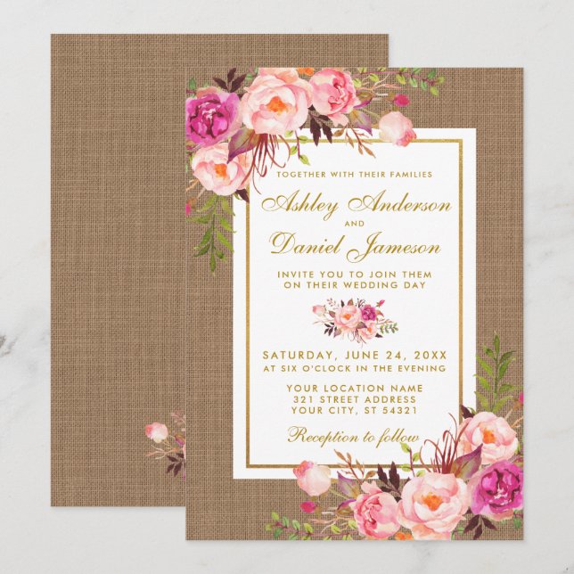 Invitación a una boda floral rosa de Boda Rústico  (Anverso / Reverso)