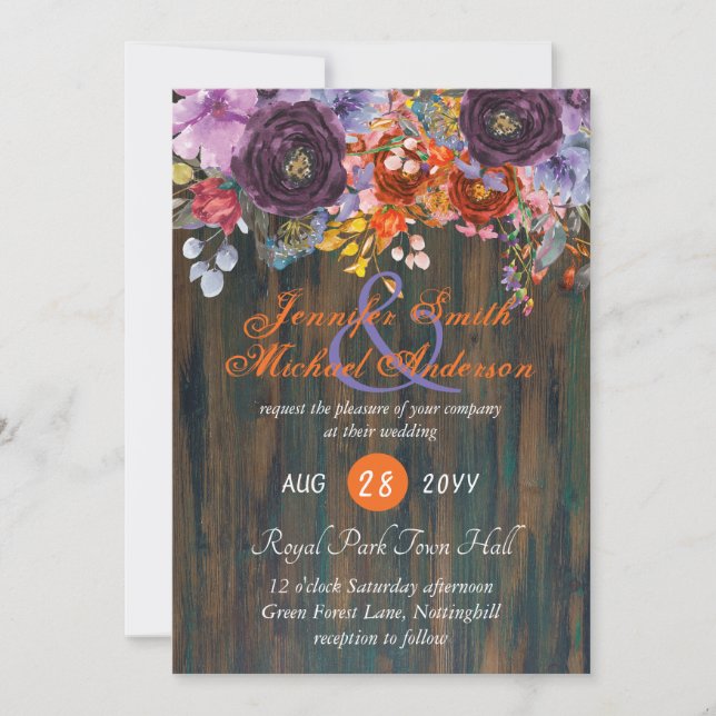 Invitación a una boda floral rosada con Naranja pú (Anverso)