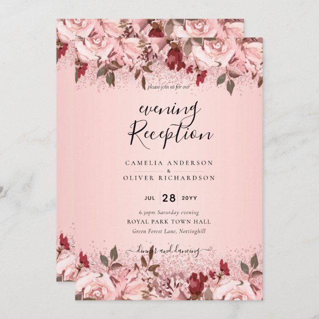 Invitación a una boda floral rosada con Rosa de or (Anverso / Reverso)