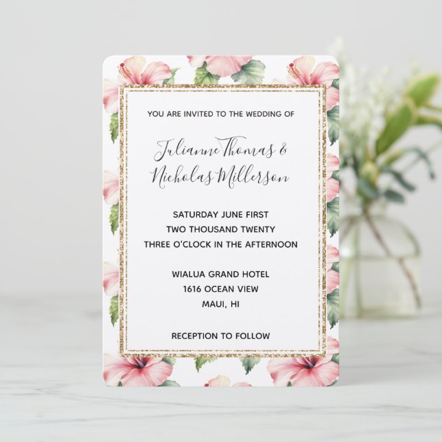 Invitación a una boda floral rosada tropical hibis (Anverso de pie)