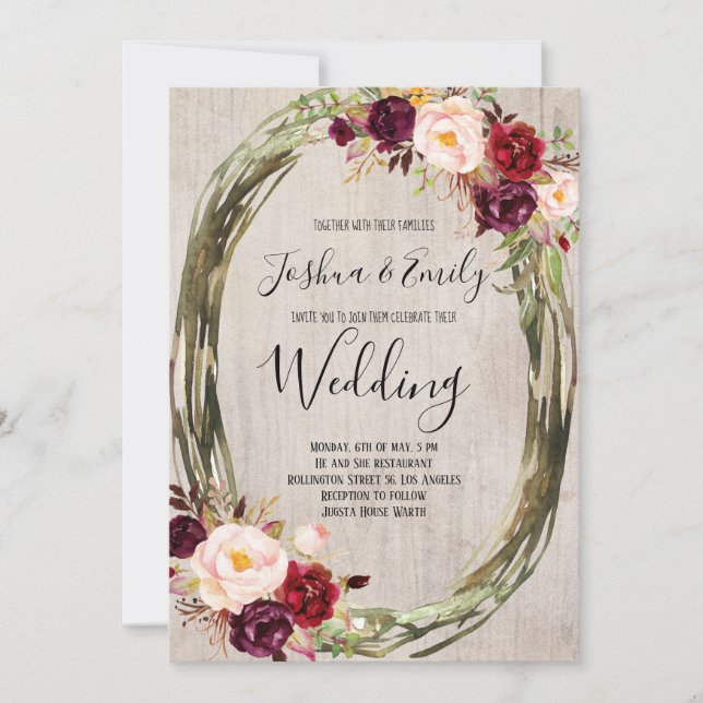 Invitación a una boda floral ruidosa entre borgoña (Anverso)