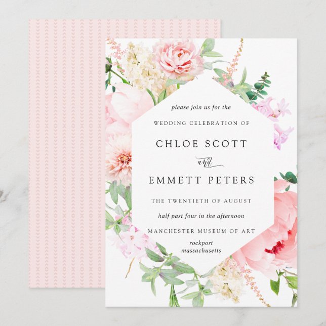Invitación a una boda floral rusa de peones rosado (Anverso / Reverso)