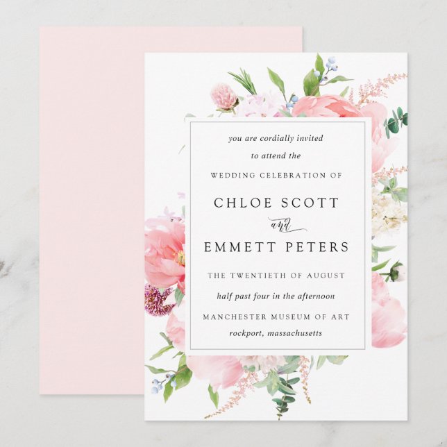 Invitación a una boda floral rusa de peones rosado (Anverso / Reverso)