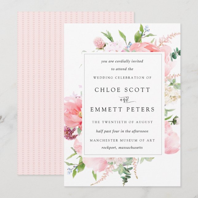 Invitación a una boda floral rusa de peones rosado (Anverso / Reverso)