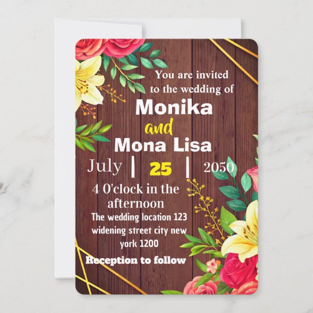 Invitación a una boda floral rústica con madera (Anverso)