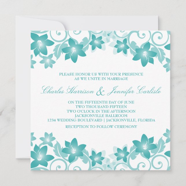Invitación a una boda floral simple Aqua (Anverso)