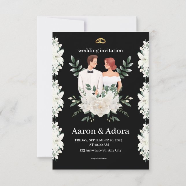 Invitación a una boda floral simple en negro y ver (Anverso)
