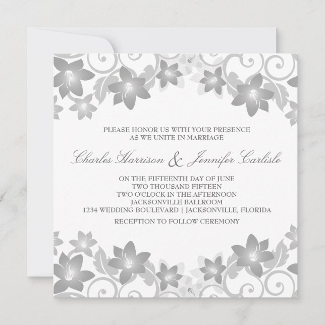 Invitación a una boda floral simple y gris (Anverso)