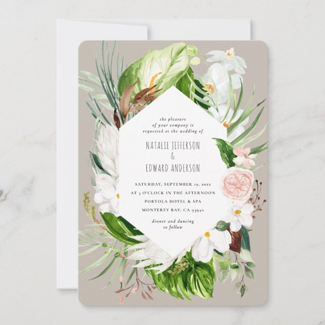 Invitación a una boda floral tropical rosa, verde  (Anverso)