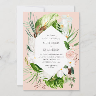 Invitación a una boda floral tropical rosa, verde 