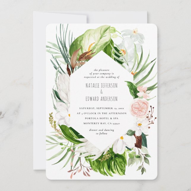 Invitación a una boda floral tropical rosa, verde  (Anverso)