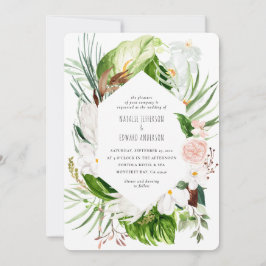 Invitación a una boda floral tropical rosa, verde 