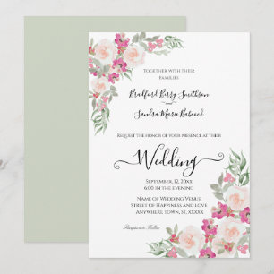 Invitación a una boda floral verde rosa y sabia