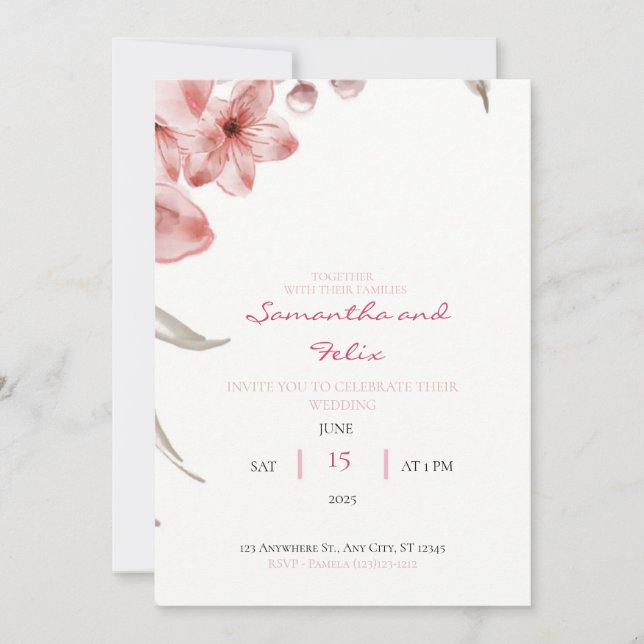 Invitación a una boda floral verde y rosa para beb (Anverso)