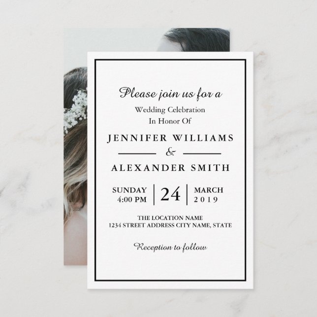 Invitación a una boda fotográfica elegante en blan (Anverso / Reverso)