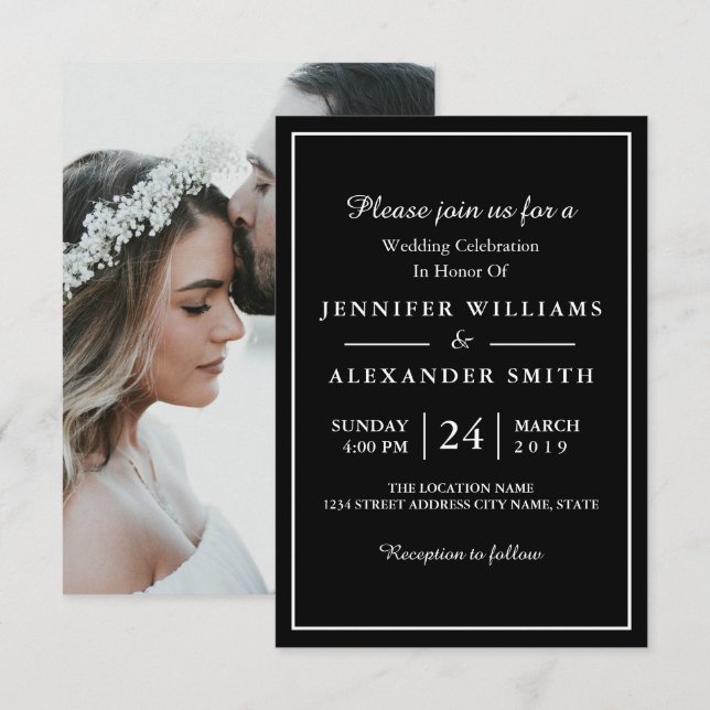 Invitación a una boda fotográfica elegante en blan (Anverso / Reverso)