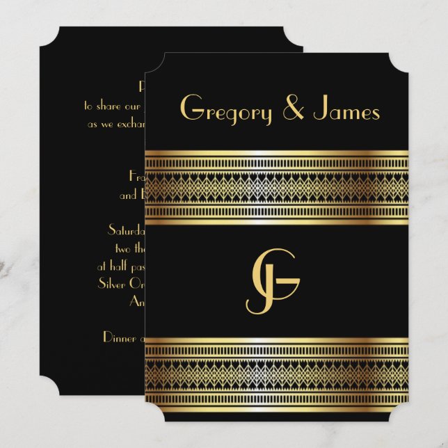 Invitación a una boda gay/lesbiana de oro y negro (Anverso / Reverso)