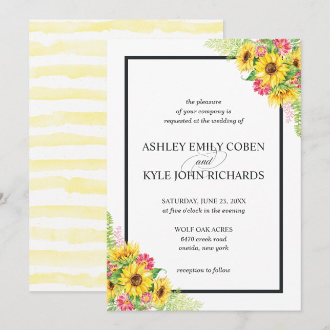 Invitación a una boda girasol con flores rosas (Anverso / Reverso)