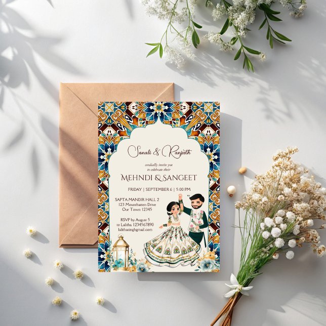 Invitación a una boda india en Mehndi y sangeet (Mehndi and sangeet Indian wedding Invitation template instant download cute bridal couple cartoon)