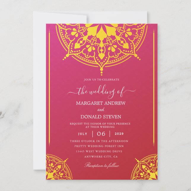 invitación a una boda india roja y amarilla (Anverso)