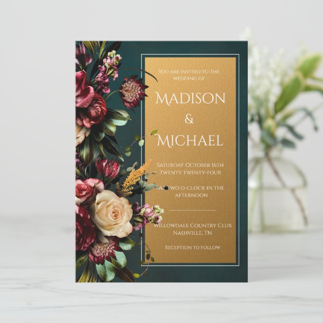 Invitación a una boda moderna con flores de oro y  (Anverso de pie)