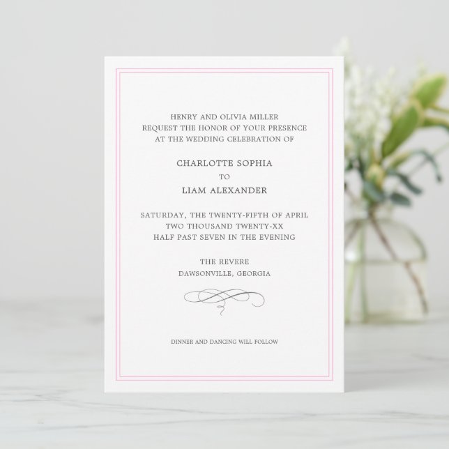 Invitación a una boda moderna con un borde rosado  (Anverso de pie)