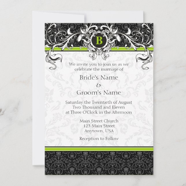 Invitación a una boda monograma verde limón negro (Anverso)