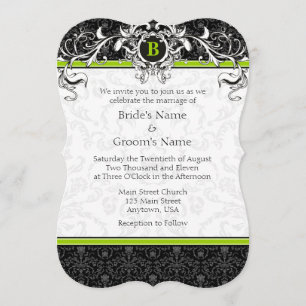 Invitación a una boda monograma verde limón negro