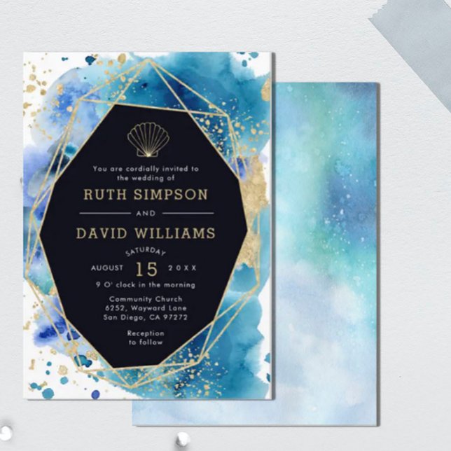 Invitación a una boda oceánica de lujo azul oscuro (Subido por el creador)