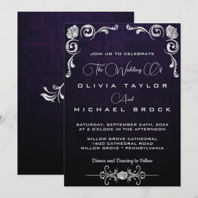 Invitación a una boda ornamental plateada (Anverso / Reverso)
