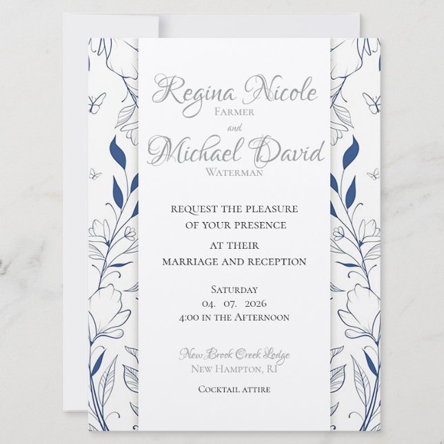 Invitación a una boda plana azul (Anverso)