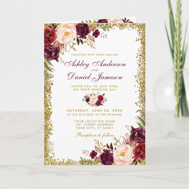 Invitación a una boda Purpurina con flores de Borg (Anverso)