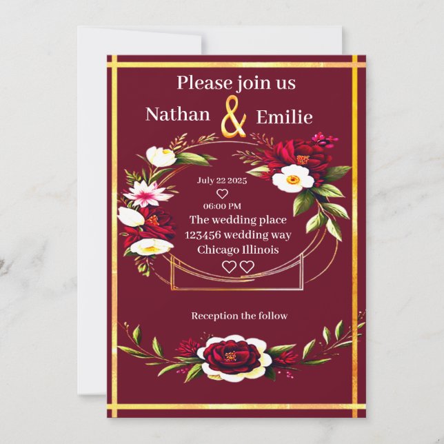 Invitación a una boda romántica ruidosa en Borgoña (Anverso)