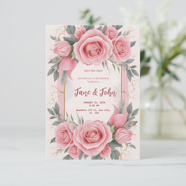 Invitación a una boda rosa elegante [personalizada (Anverso de pie)