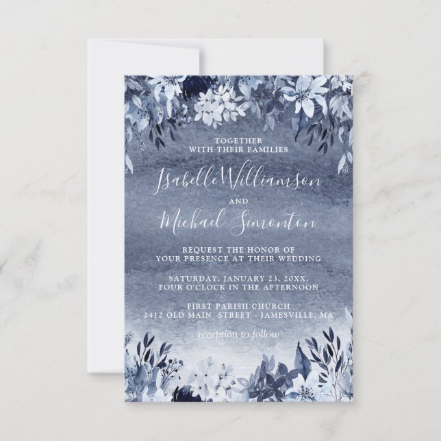 Invitación a una boda rústica con flores azules (Anverso)