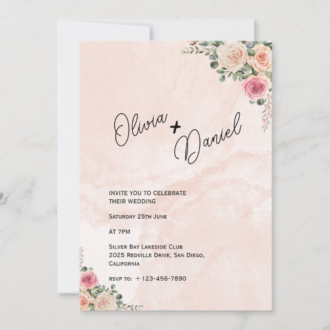 Invitación a una boda rústica con flores de crema  (Anverso)