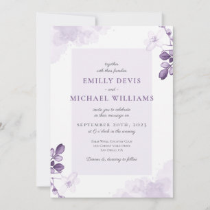 Invitación a una boda rústica con flores de púrpur