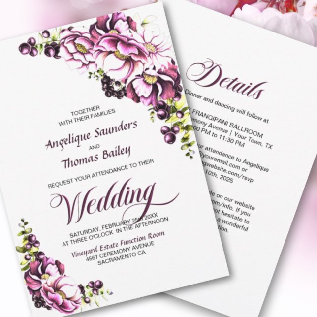 Invitación a una boda rústica con flores rosadas (Subido por el creador)