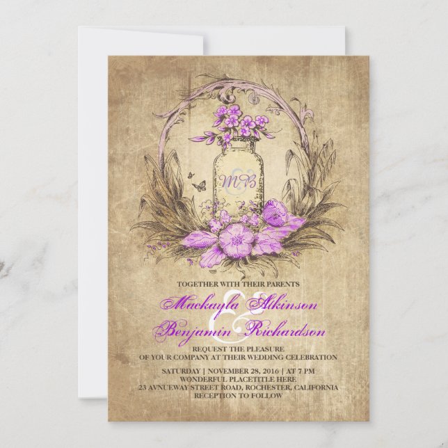 Invitación a una boda rústica con tarro de masón f (Anverso)