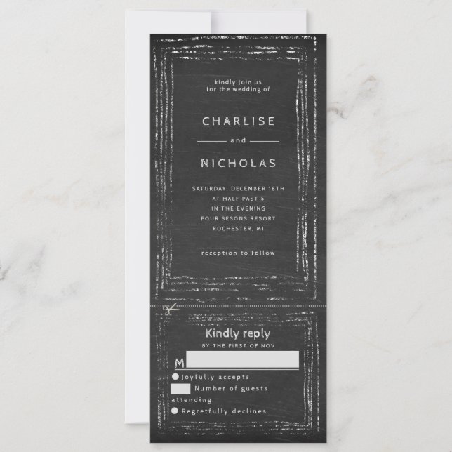 Invitación a una boda rustica en pizarra con rsvp (Anverso)