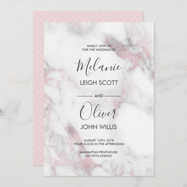 Invitación a una boda simple en Mármol rosa (Anverso / Reverso)