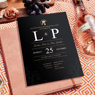 Invitación a una boda simple en negro y oro con ma