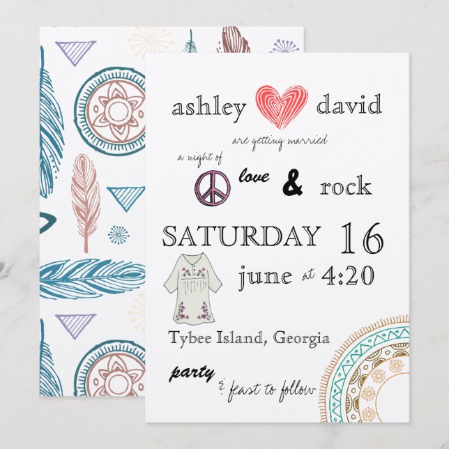 Invitación a una boda temática de los años 70 (Anverso / Reverso)