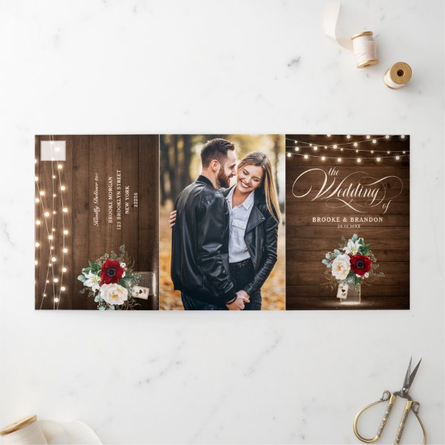 Invitación a una boda tripartita con floral de bor (Exterior)