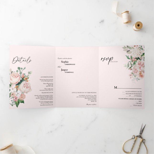 Invitación a una boda triple-rosada floral de Rubo (Interior)