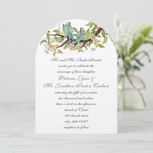 Invitación a una boda verde azulada de aves azules (Anverso de pie)