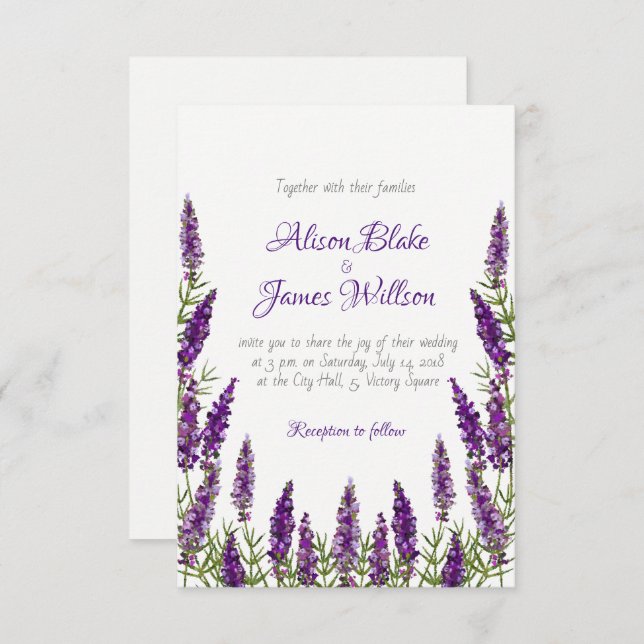Invitación a una boda violeta de lavanda en Proven (Anverso / Reverso)
