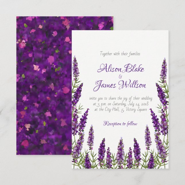 Invitación a una boda violeta de lavanda en Proven (Anverso / Reverso)