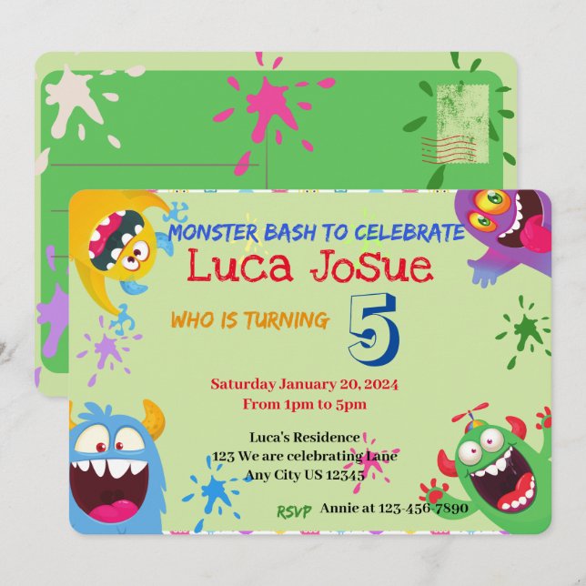 Invitación a una Celebración de Monster Bash (Anverso / Reverso)